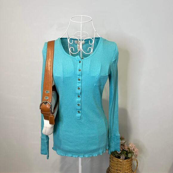 Cute vintage y2k blue henley thermal button up long sleeve grunge top - Picture 1 of 6